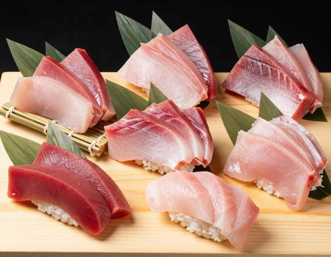 Assorted tuna cuts from otoro to akami displayed for sushi preparation