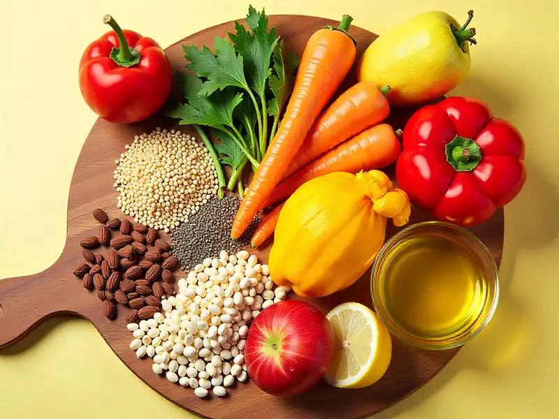 Variety of nutritious whole foods arranged on a table