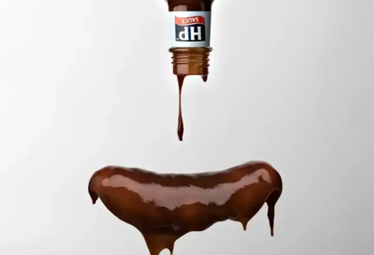 HP Sauce highlighting its thick tangy texture on food