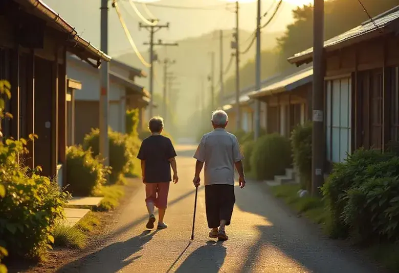 Okinawan centenarians walking at sunrise in their village