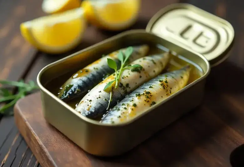 Open canned sardines showcasing texture and natural oils