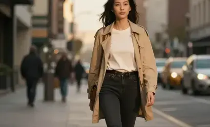 confident woman walking forward in a city environment with calm focus