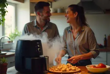 Couple laughing in the kitchen over a cooking mishap with an air fryer