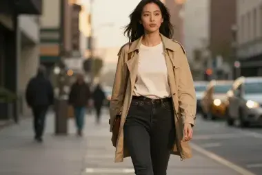 confident woman walking forward in a city environment with calm focus