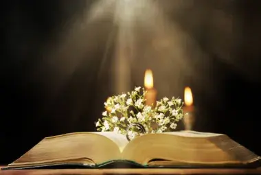 Open Bible reflecting spiritual wisdom with symbolic garlands