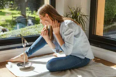 Woman practicing facial yoga and Gua Sha with rose quartz tool near a bright window during morning skincare routine