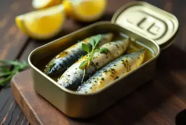 Open canned sardines showcasing texture and natural oils