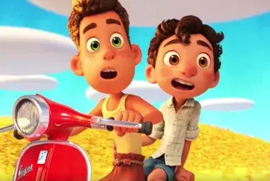 Luca and Alberto riding a Vespa under the sun